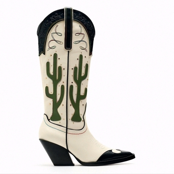 NWT Zara Ivory Cactus Embroidered Contrast Knee-High Heeled Cowgirl Boots - Picture 2 of 16